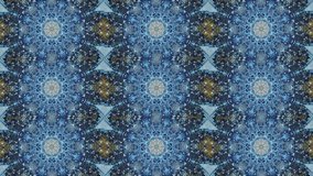 Abstract kaleidoscope motion background. Sequence multicolored graphics ornaments patterns. Blue white, Christmas New Year lace motifs sequins, falling snow. 