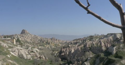 Panorama in Cappadocia. The geographical position, between Asia Minor and Mesopotamia, has made Cappadocia for centuries a crossroads of trade routes, as well as the object of repeated invasions.