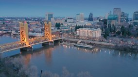 Aerial: Sacramento Tower bridge on the Sacramento River