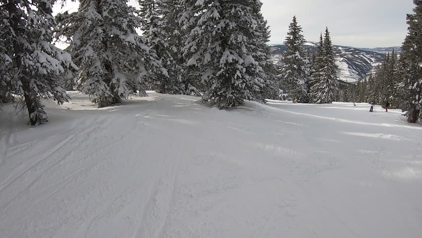 first person view downhill skiing in Colorado in fine weather