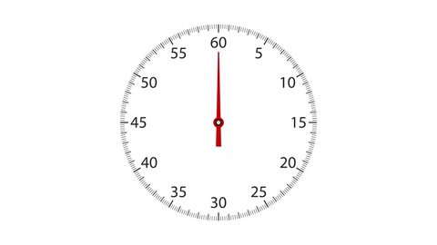 Analog clock face with a rotating red pointer. Forward counting sequence from 0 to 60 seconds.