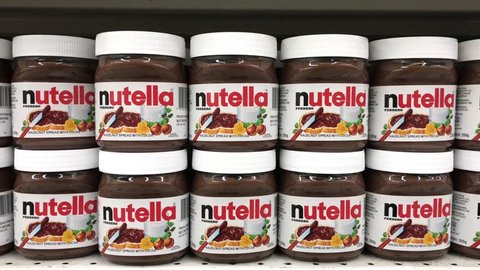 TERENGGANU, MALAYSIA - Jan 24, 2019 : Aisle view of Nutella chocolate spread in supermarket shelf. Nutella is always on of the most famous ambassador of made in Italy in the world.