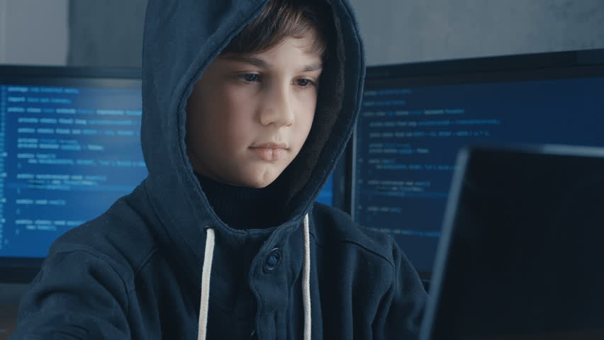 Cute Teen Boy Programmer Working At A Computer In The Data Center Filled With Display Screens Portrait Of Child Prodigy Hacker Stock Video Footage By C Magicmore 185861858