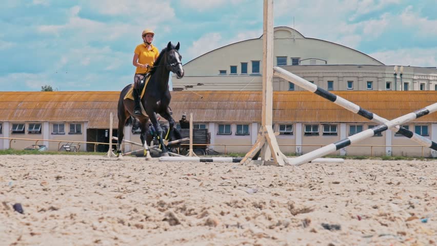 Young woman on horse jumping over obstacles. Slow motion. Training horses before the competition. Horse Racing. Horse breeding. Farm. Horseman. Rider, equestrian, jockey Royalty-Free Stock Footage #1022991664