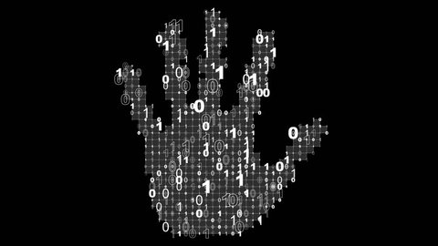 Digital Handprint.

Binary code, pixels and a grid form the shape of a handprint.