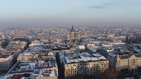 Budapest downtown covered in snow - aerial video taken by a drone