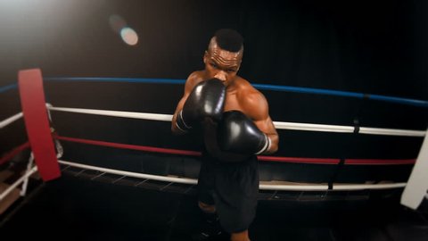 Point of view Go Pro footage of an African American boxer throwing quick punches in a boxing ring, mid-match. Ends with a knockout.