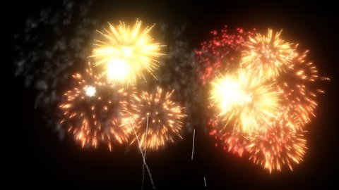 Red Gold fireworks background for holidays like New Year, Christmas or business presentation. Beautiful firecrackers show isolated on black, ready for compositing. 3d animation pyrotechnic light V46