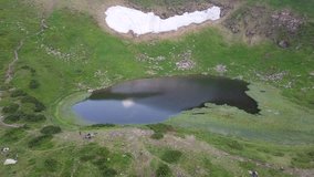 Aerial view of the highland lake Nesamovyte in the Carpathians. Ukraine