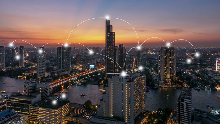 Digital network connection lines of Chao Phraya River in Bangkok Downtown. Financial district and business centers in smart city in technology concept. Skyscraper and high-rise buildings. Aerial view | Shutterstock HD Video #1023025063