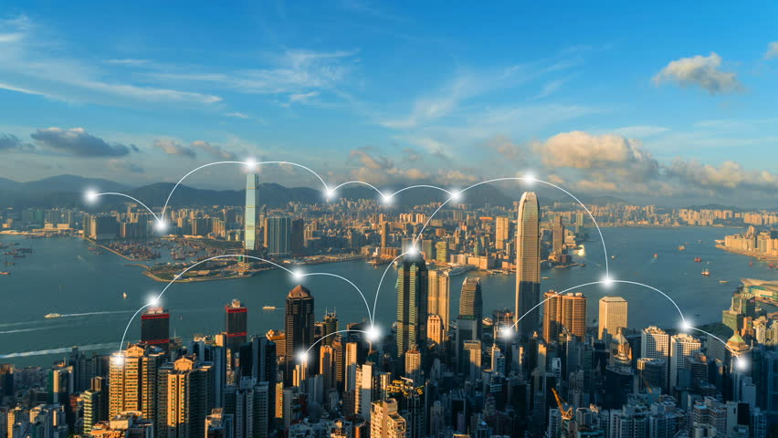 Digital network connection lines of Hong Kong Downtown. Financial district and business centers in smart city in technology concept. Skyscraper and high-rise buildings. Aerial view | Shutterstock HD Video #1023025093