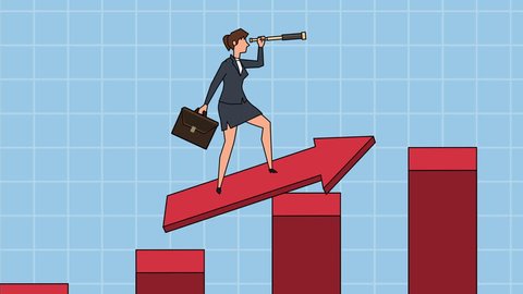 Flat cartoon businesswoman character with spyglass career growth fly chart concept success animation