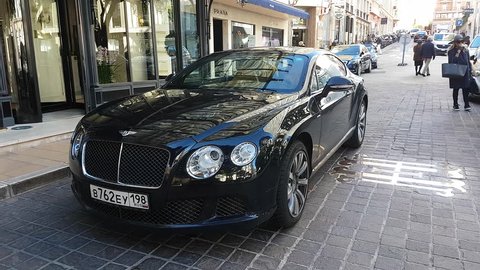 Monte-Carlo, Monaco - January 25, 2019: Luxurious Bentley Continental Car Parked In Front Of The Hermitage Hotel Monte-Carlo In Monaco. French Riviera, Europe - 4K Video