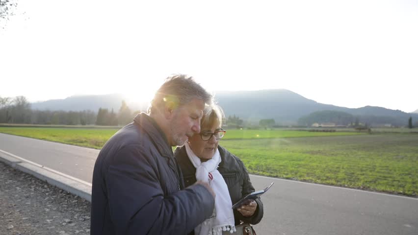 Senior couple looking at the phone