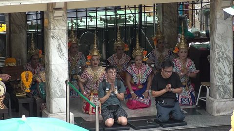 BANGKOK,  THAILAND - CIRCA OCTOBER 2018 : View of PEOPLE PRAYING at ERAWAN TEMPLE.