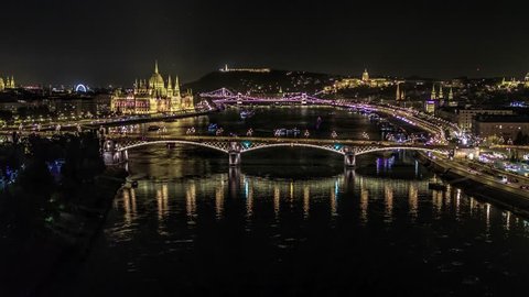 Establishing Aerial View of Budapest, River Danube and Bridges at night, Hungary