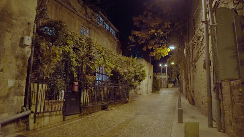 Old Jaffa street in Tel Aviv at night. 