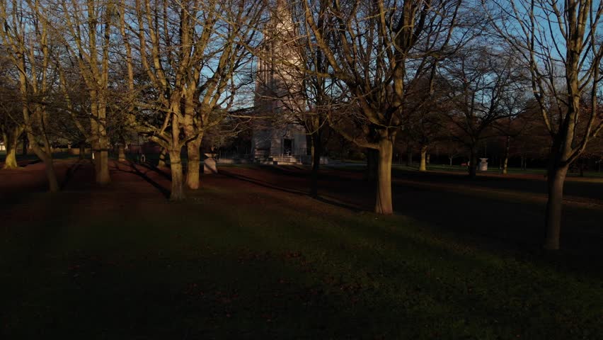 War Monument, Drone Aerial View Through Trees, Ascending, Sunny Winter Morning, Memorial Park Coventry City Of Culture.