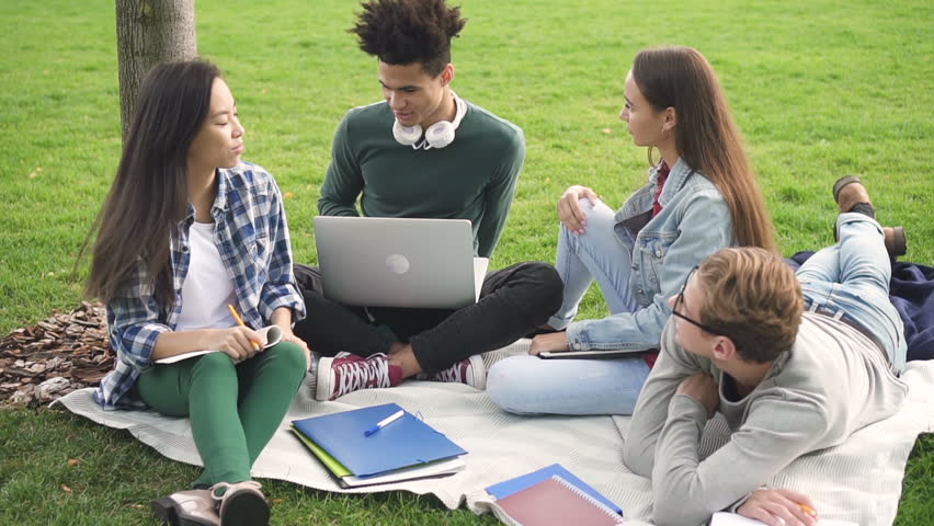 Young students are sitting on the grass and joyfully chatting together. They using coputer and notebooks to share and note all important points. Strongly freind's connection and digital technology