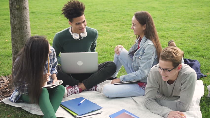 Young students are sitting on the grass and joyfully chatting together. They using coputer and notebooks to share and note all important points. Strongly freind's connection and digital technology