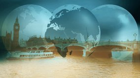 World globe, Big Ben and tourist ship on Thames river - Powered by Shutterstock - Get 15% off with code: PIKWIZARD15