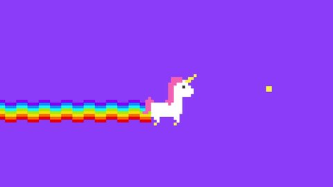 Pixel Art Unicorn Game. 4K Retro Game Style Fantasy Animation Background.