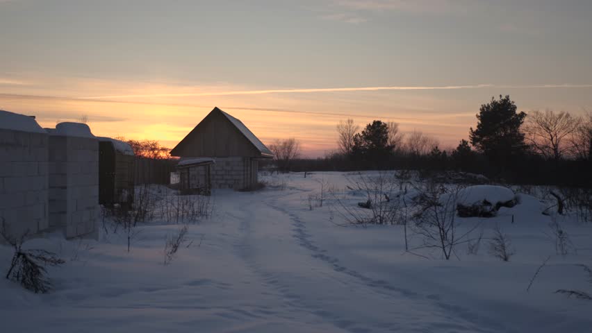 Village, winter, sunset