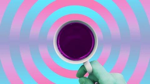 Contemporary motion gif art. Hand holds cup of coffee or tea and spinning.  