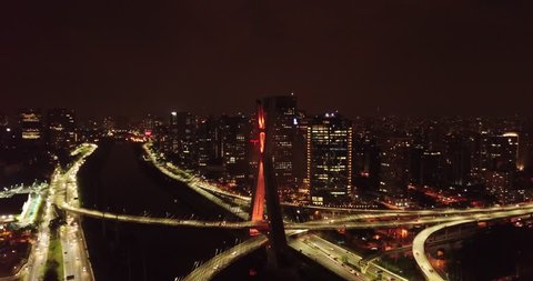 Aerial night view of The Octavio Frias de Oliveira bridge, cable-stayed bridge in Sao Paulo, Brazil over the Pinheiros River