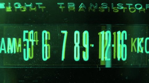 Sequence of vintage radio displays of stations and frequencies markers running through with abstract colour overlays