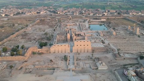 Drone footage of river Nile, Karnak temple and city Luxor in Egypt