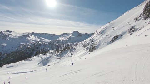 Beautiful winter mountains on a bright sunny day. Canillo ski region, Andorra