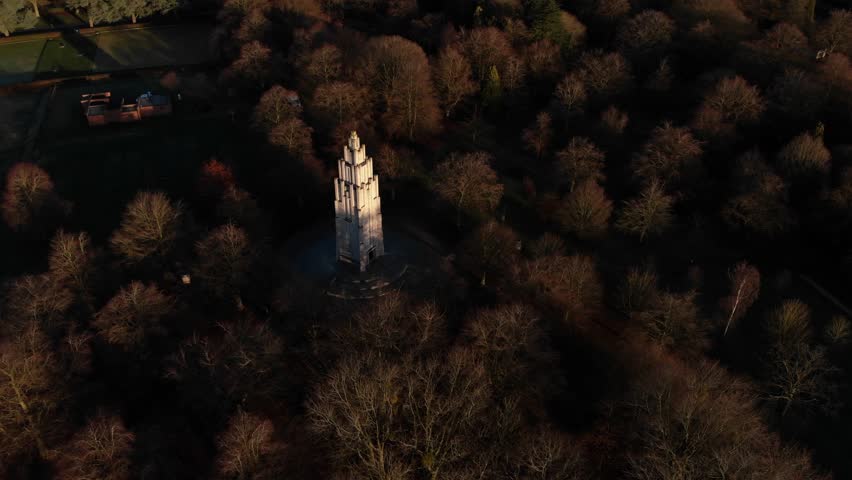 War Monument, Aerial View Panning Up To Coventry City Centre, War Memorial Park Coventry City Of Culture, Sunny Winter day.