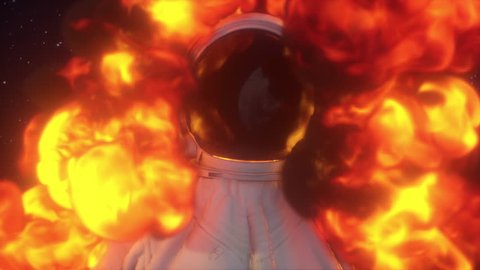 Fantastic fire explosion, enveloping astronaut in space, an accident on a spacecraft, the planet Earth is reflected in the spacesuit's helmet. Cinematic slow-motion video 4k