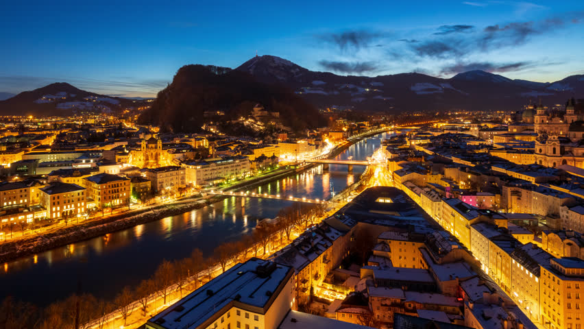 4K Panning Night to Day Time lapse of Salzburg City, Austria