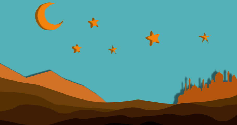 night in the desert, a caravan of camels among the sands under the crescent and the stars keeps the path to the city