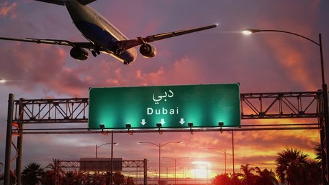 Airplane Landing Dubai during a wonderful sunrise