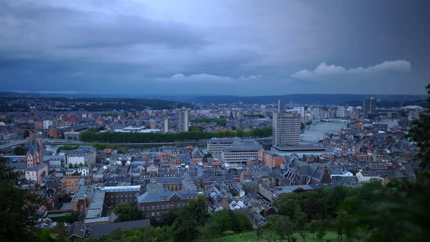 Time Lapse Aerial View of Liege Cityscape Urban Landmark Red Clouds Sunset Light