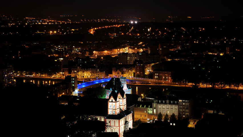 Time Lapse Aerial View Liege City Skyline Landmark Cars Traffic on Bridge Night