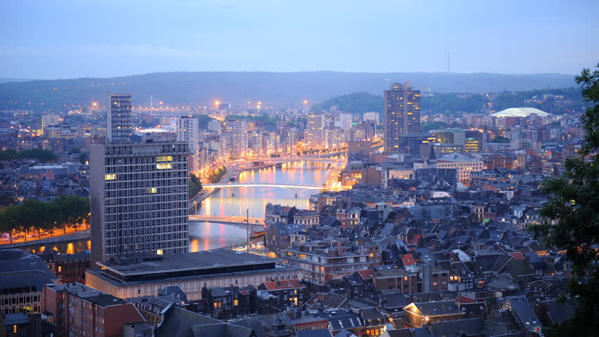Time Lapse Aerial View Establishing Shot of Liege Cityscape Dusk to Night Lights
