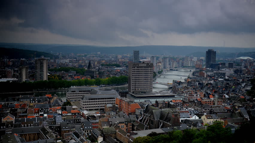 Time Lapse Aerial View Liege City Skyline Residential Buildings Famous Landmark