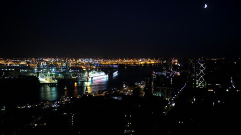 HAMBURG, GERMANY - JUNE 17, 2010 Time Lapse Aerial View Hamburg City Ships in Harbor on Elbe River Moonset Night