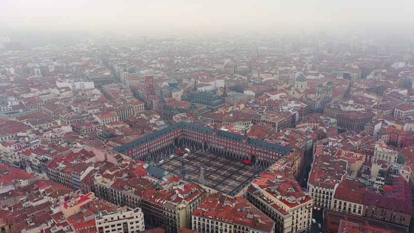 Aerial view of cityscape of Madrid, capital city of Spain, famous square Plaza Mayor - landscape panorama of Europe from above
