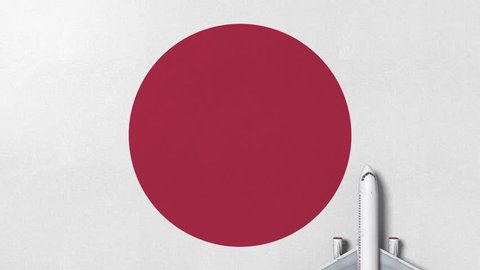 Commercial plane on the flag of Japan. Tourism related conceptual 3D animation
