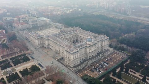 Aerial view of cityscape of Madrid, capital city of Spain, Royal Palace of Madrid and cathedral Catedral de la Almudena - landscape panorama of Europe from above