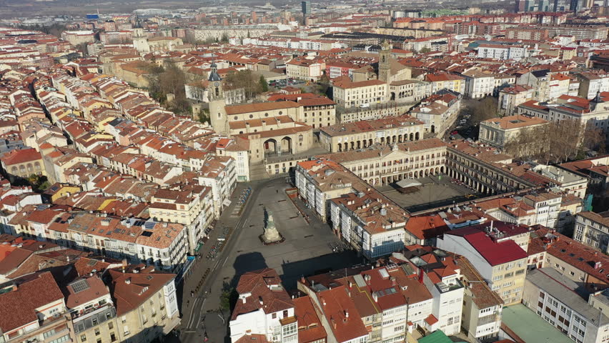 Aerial view of cityscape of Vitoria-Gasteiz, capital city of the Basque Autonomous Community, beautiful historic square Andre Maria Zuria/Virgen Blanca from above - landscape panorama of Spain, Europe