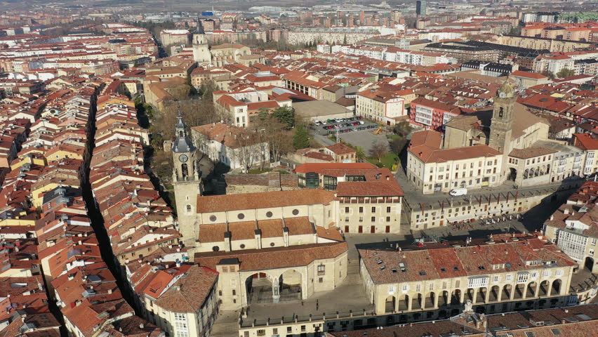 Aerial view of cityscape of Vitoria-Gasteiz, capital city of the Basque Autonomous Community, beautiful historic square Andre Maria Zuria/Virgen Blanca from above - landscape panorama of Spain, Europe