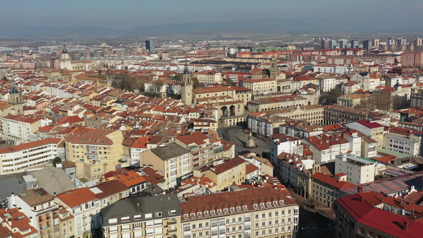 Aerial view of cityscape of Vitoria-Gasteiz, capital city of the Basque Autonomous Community, beautiful historic square Andre Maria Zuria/Virgen Blanca from above - landscape panorama of Spain, Europe