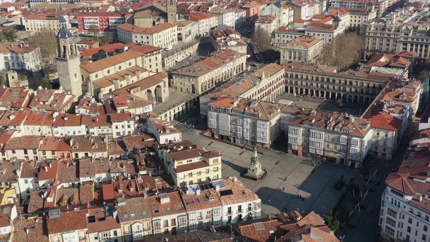 Aerial view of cityscape of Vitoria-Gasteiz, capital city of the Basque Autonomous Community, beautiful historic square Andre Maria Zuria/Virgen Blanca from above - landscape panorama of Spain, Europe