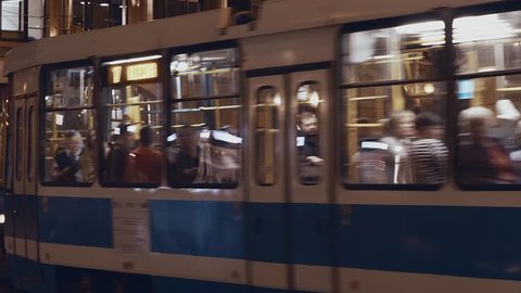 Blue tram in Wroclaw in the evening, autumn 2018